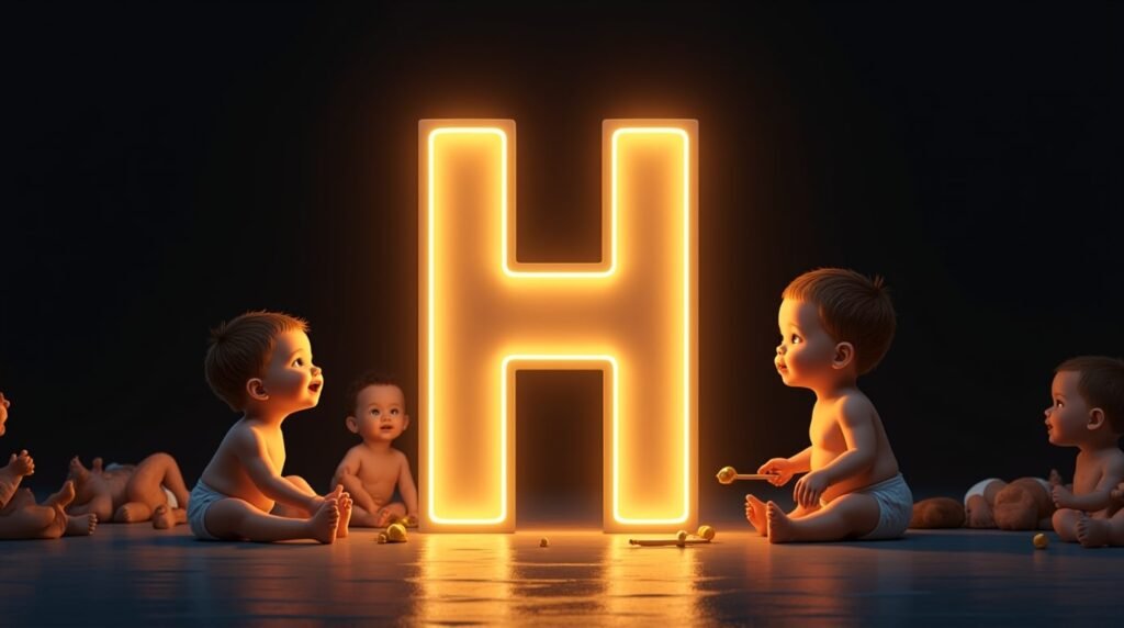 Une grande lettre néon "H" dorée, rayonnante de lumière, entourée de bébés de diverses origines qui s'amusent autour : ramper, s'asseoir et applaudir joyeusement.