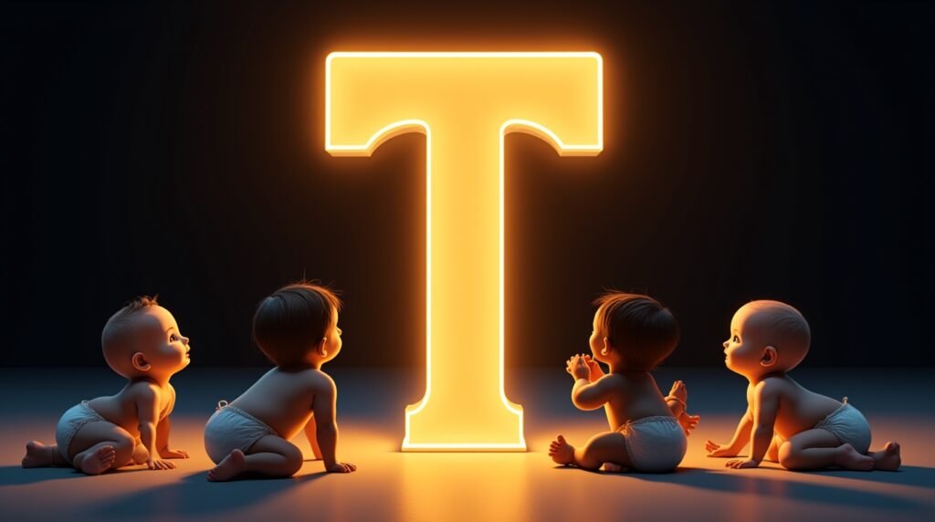 Une grande lettre néon "T" éclatante, dorée et lumineuse, entourée de bébés de cultures variées, jouant joyeusement : ramper, s’asseoir et applaudir.