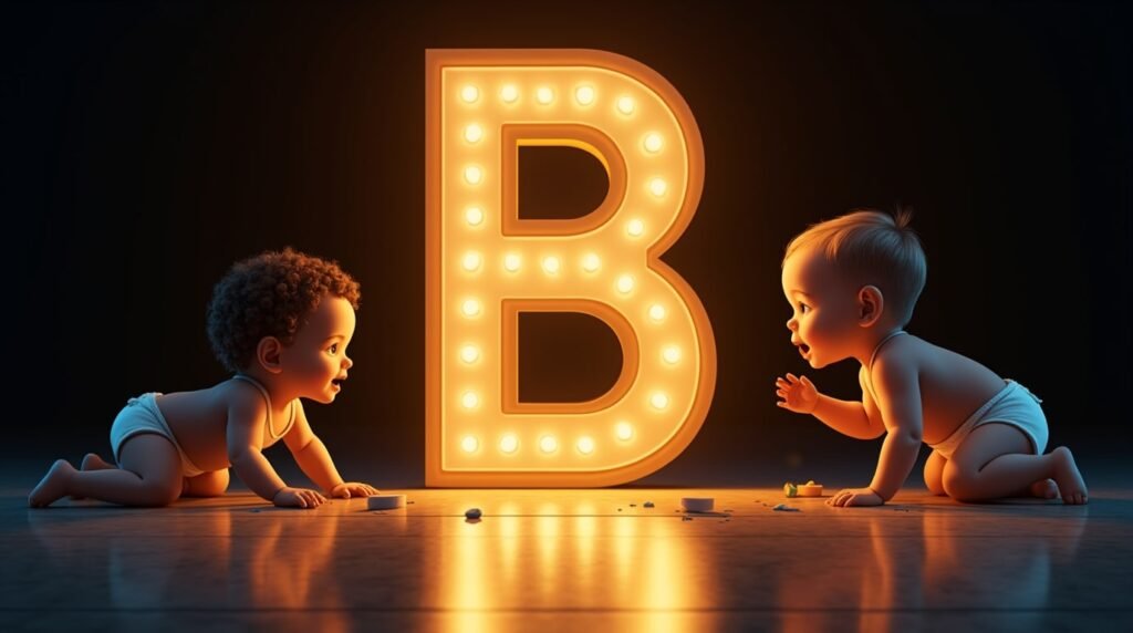 Une grande lettre néon "C" dorée, éclatant de lumière, entourée de bébés de diverses origines, qui s’amusent autour : ramper, s’asseoir et applaudir avec enthousiasme.