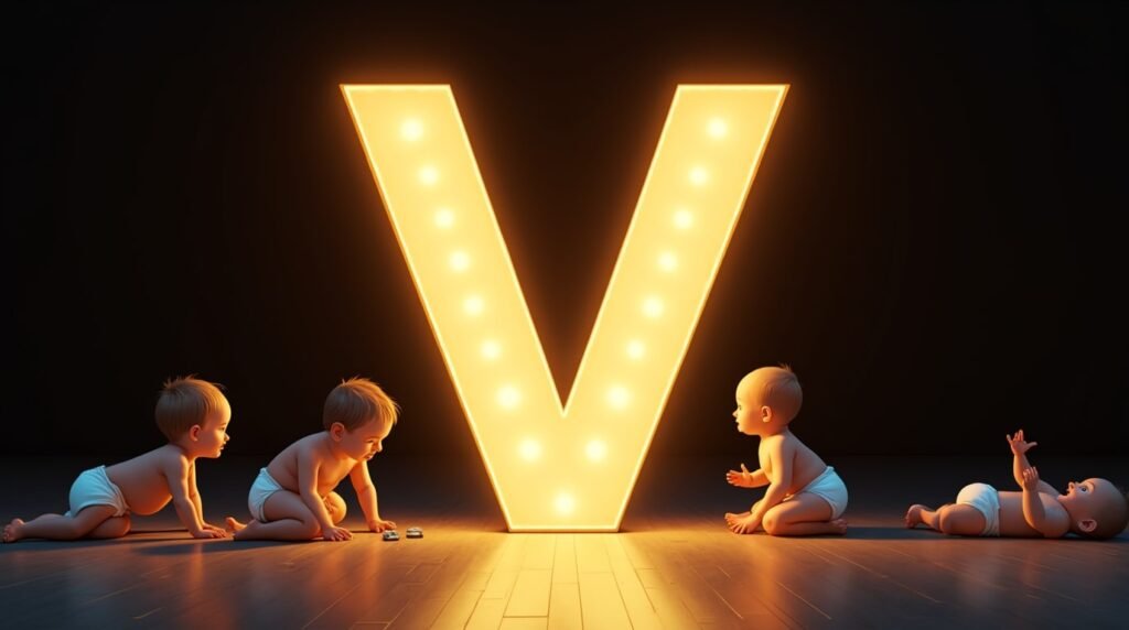 Une grande lettre néon "V" dorée, éclatante et brillante, entourée de bébés venus de cultures diverses qui s’amusent autour : ramper, s’asseoir et applaudir joyeusement.