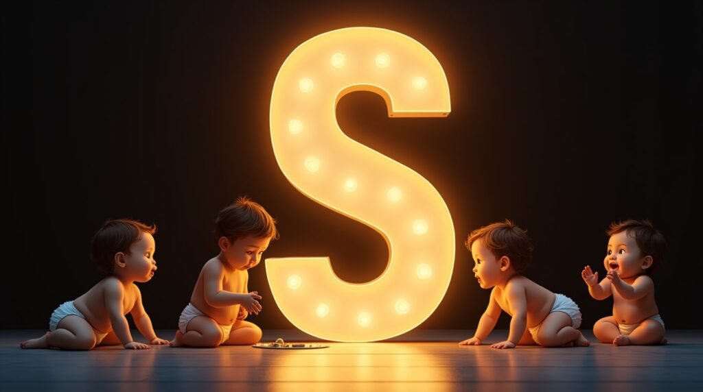 Une grande lettre néon "S" dorée, éclatante de lumière, entourée de bébés de diverses origines, s’amusant joyeusement autour d’elle : ramper, s’asseoir et applaudir avec enthousiasme.