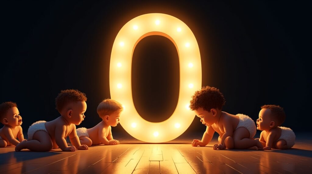 Une immense lettre néon "O" dorée, brillamment éclairée, entourée de bébés de différentes origines qui s'amusent joyeusement autour : ramper, s'asseoir et applaudir.