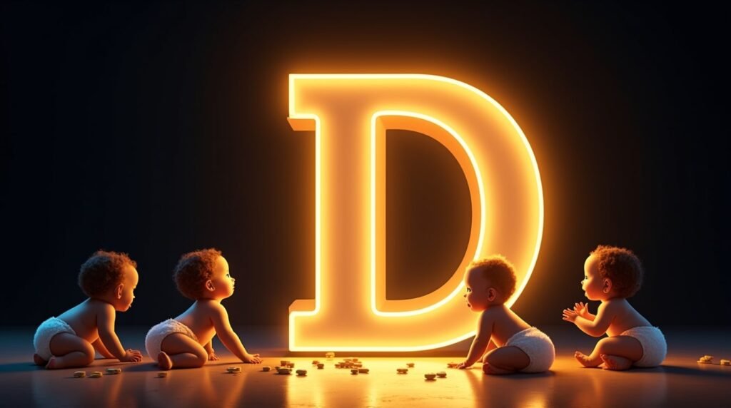 Une grande lettre néon "D" dorée, brillamment illuminée, entourée de bébés de diverses origines, qui s'amusent joyeusement autour : ramper, s'asseoir et applaudir.