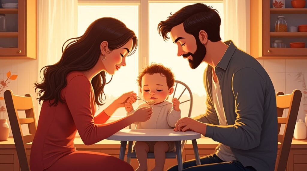 Dans une cuisine moderne scandinave, un couple nourrit tendrement leur bébé, dans une ambiance chaleureuse, entourée de plats typiques comme le saumon mariné et les boulettes de viande, sous une lumière tamisée.