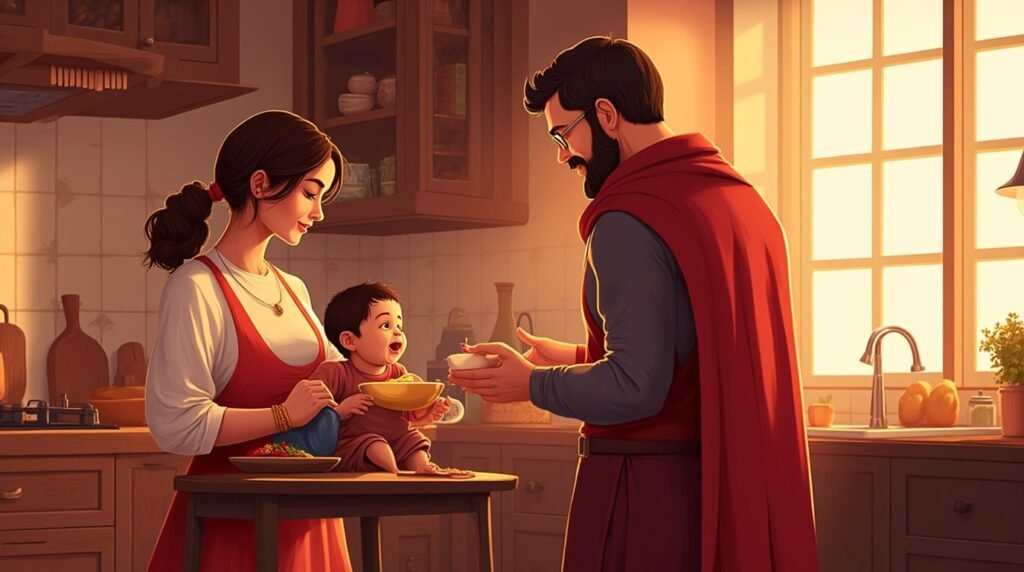 Dans une cuisine viking, un couple nourrit tendrement leur bébé, dans une ambiance chaleureuse, entourée de ragoûts fumants et de bougies éclairant la pièce en bois.