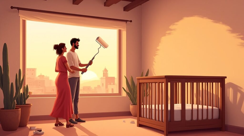 Deux parents marocains repeignent joyeusement la chambre de leur futur bébé, entourés de quelques lanternes en fer forgé et de tapis berbères accrochés aux murs.