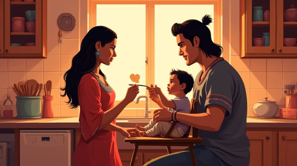 Dans une cuisine amérindienne traditionnelle, un couple nourrit tendrement leur bébé, dans une ambiance chaleureuse, entourée de plats typiques comme le maïs et la viande séchée, avec une lumière douce.