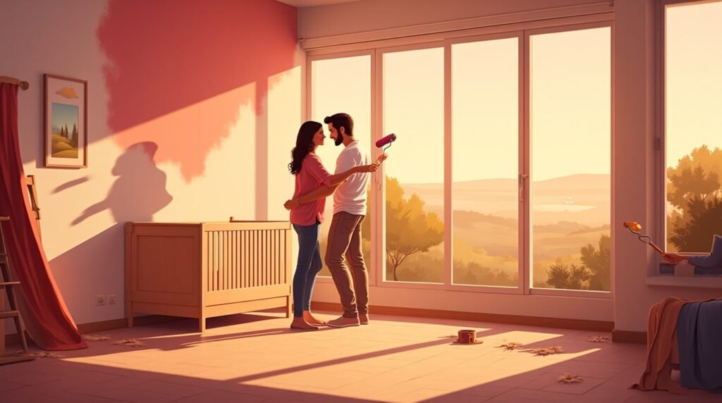 Deux parents portugais décorent joyeusement la chambre de leur futur bébé, dans une pièce moderne et lumineuse, avec un berceau en bois sculpté orné de motifs traditionnels portugais.