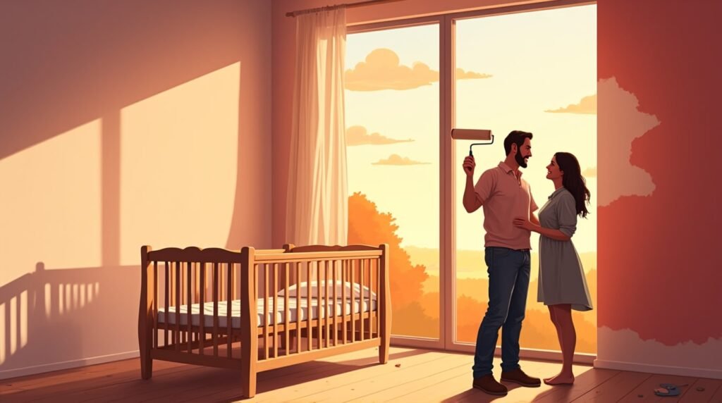 Deux parents alsaciens décorent joyeusement la chambre de leur futur bébé, dans une pièce moderne et lumineuse, avec un berceau en bois sculpté aux détails traditionnels alsaciens.