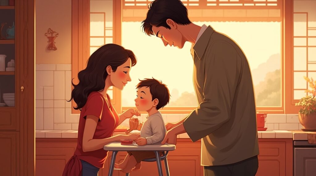 Dans une cuisine moderne japonaise, un couple nourrit tendrement leur bébé, dans une ambiance chaleureuse, entourée de plats typiques comme les sushis et le ramen, sous une lumière tamisée.