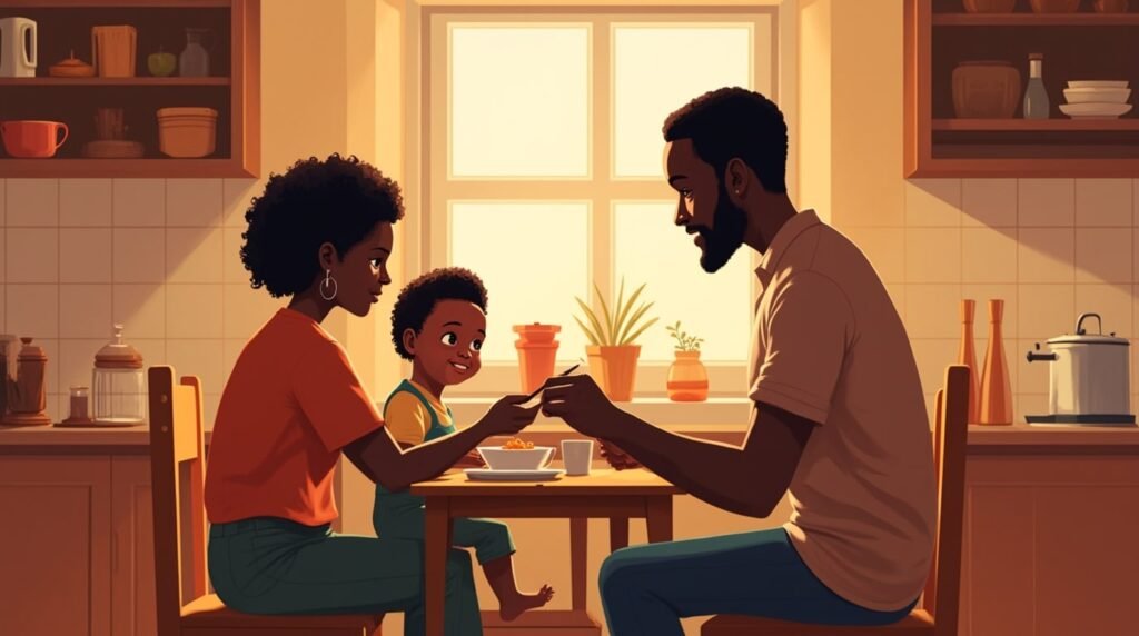 Dans une cuisine moderne camerounaise, un couple nourrit tendrement leur bébé, dans une ambiance conviviale, entourée de plats typiques comme le ndolé et le poulet DG, sous une lumière tamisée.