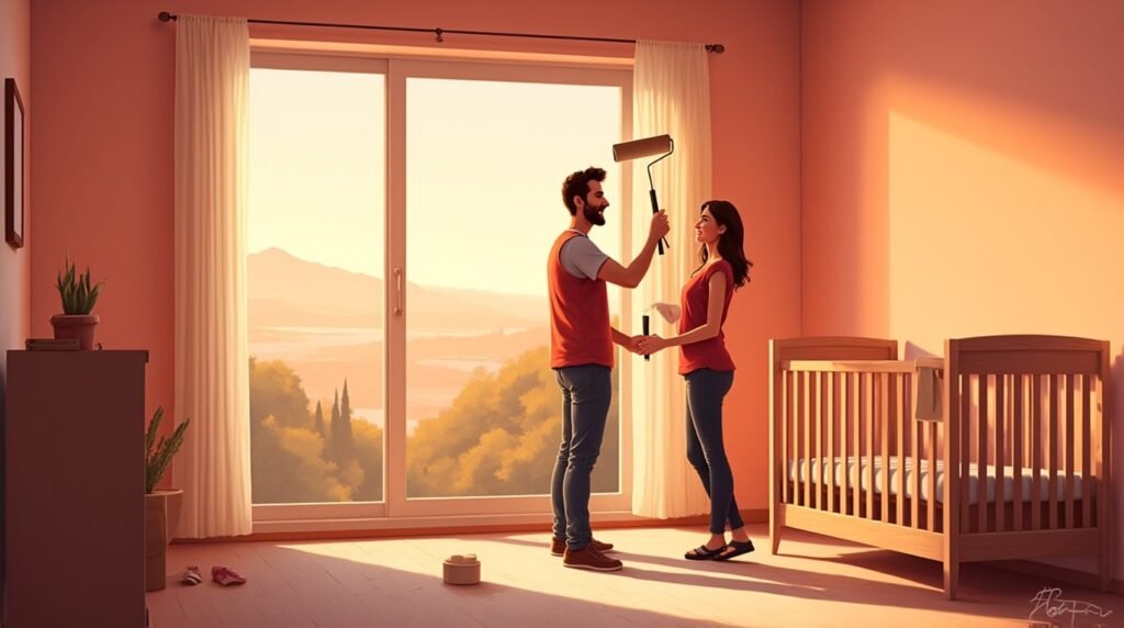 Deux parents italiens repeignent joyeusement la chambre de leur futur bébé, entourés de quelques vases en terre cuite et de rideaux en lin aux motifs floraux.