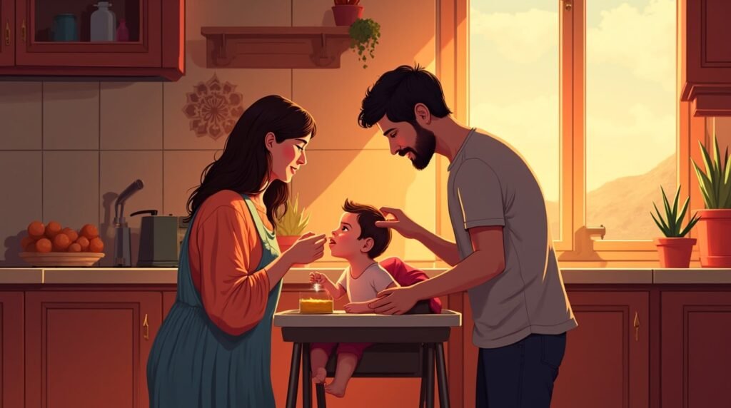 Dans une cuisine arménienne moderne, un couple nourrit tendrement leur bébé, dans une ambiance conviviale, entourée de plats typiques comme le "khorovats" et de lumière douce.