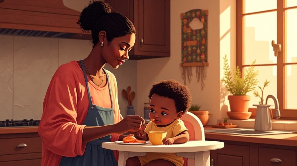 Dans une cuisine moderne afro-américaine, un couple nourrit tendrement leur bébé, dans une ambiance chaleureuse, entourée de plats typiques comme le jollof rice, avec une lumière tamisée.