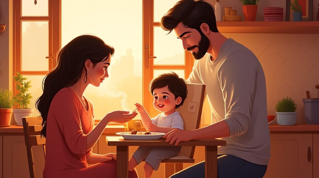 Dans une cuisine moderne indienne, un couple nourrit tendrement leur bébé, dans une ambiance chaleureuse, entourée de plats typiques comme le dal, le curry et le naan, sous une lumière tamisée.