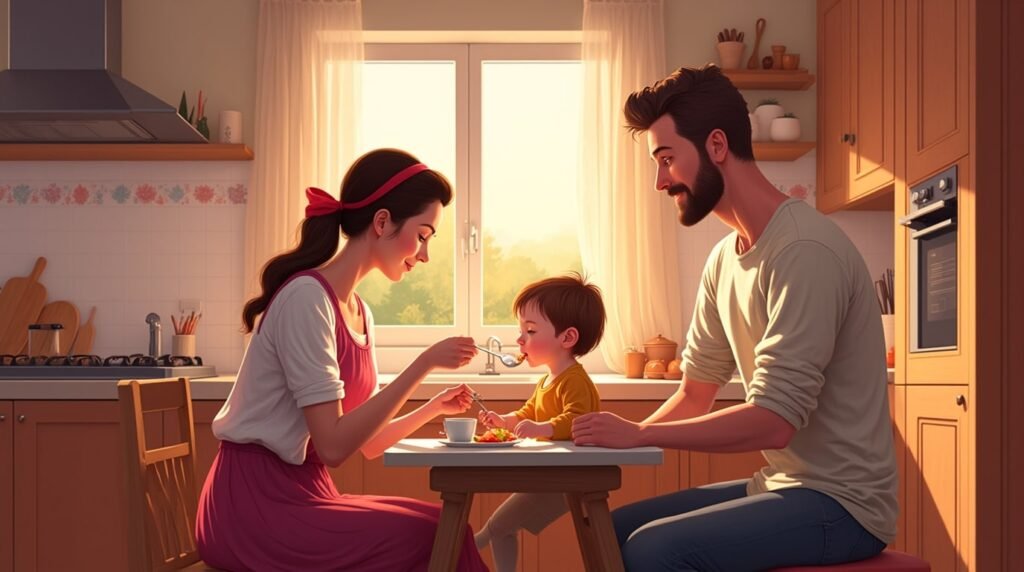 Dans une cuisine autrichienne moderne, un couple nourrit tendrement leur bébé, dans une ambiance conviviale, entourée de plats typiques comme le "Schnitzel" et de lumière douce.