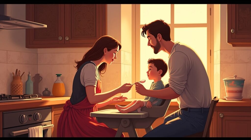 Dans une cuisine alsacienne moderne, un couple nourrit tendrement leur bébé, dans une ambiance conviviale, entourée de plats traditionnels comme la choucroute, sous une lumière tamisée.