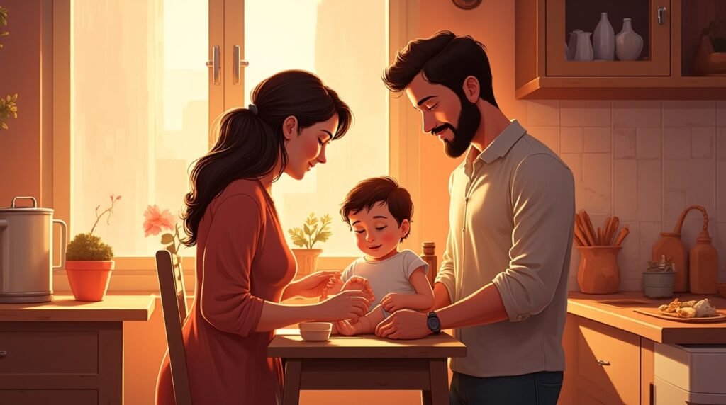 Dans une cuisine moderne grecque, un couple nourrit tendrement leur bébé, dans une ambiance chaleureuse, entourée de plats typiques comme la moussaka et le tzatziki, sous une lumière tamisée.
