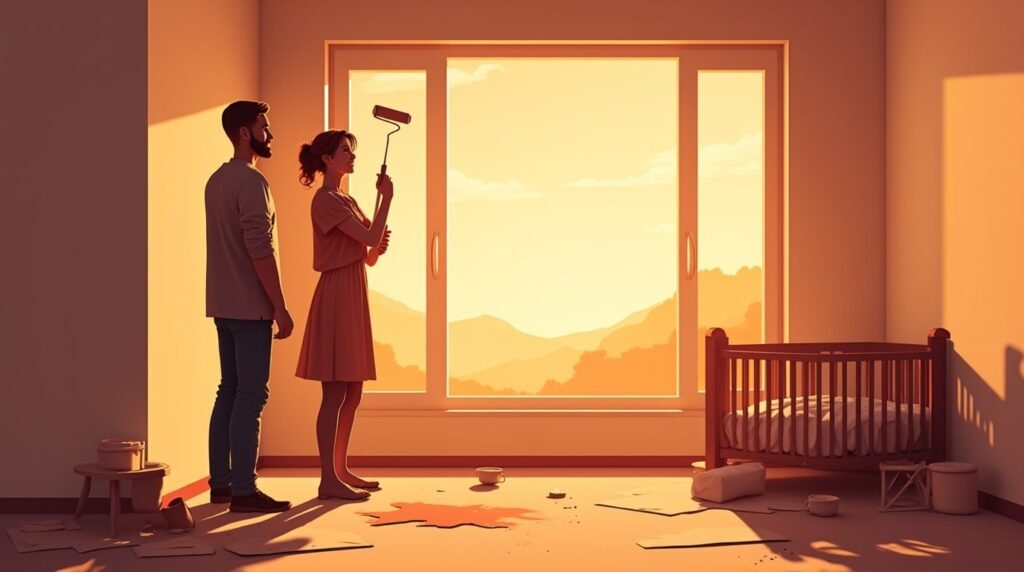 Deux parents belges décorent joyeusement la chambre de leur futur bébé, dans une pièce moderne et lumineuse, avec un berceau en bois sculpté, agrémenté de détails traditionnels belges.