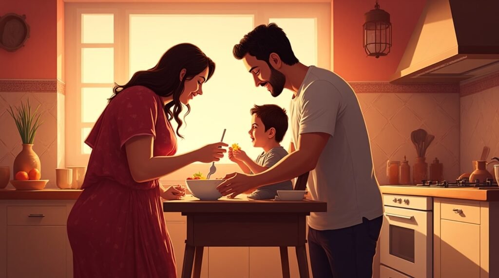 des parents donnent à manger à leur enfant tunisien
