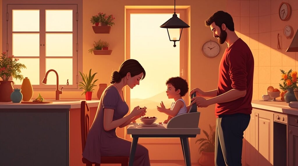 Dans une cuisine corse, un couple nourrit tendrement leur bébé, dans une ambiance chaleureuse, entourée de plats typiques et de lumière tamisée.