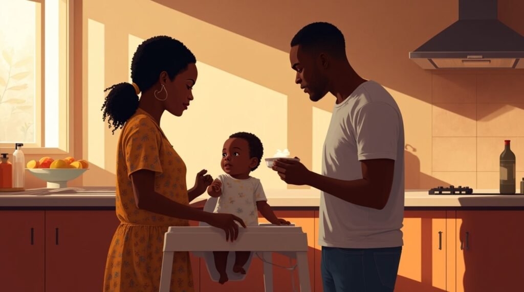 Dans une cuisine africaine moderne, un couple nourrit tendrement leur bébé, dans une ambiance conviviale, entourée de plats typiques comme le jollof rice et de lumière tamisée.