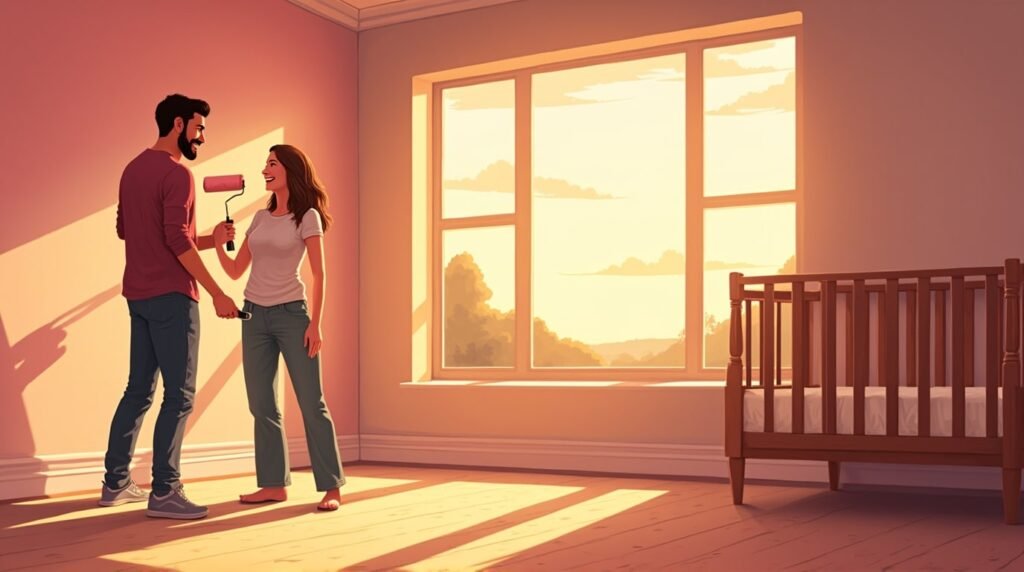 Deux parents anglais décorent joyeusement la chambre de leur futur bébé, dans une pièce moderne et lumineuse, avec un berceau en bois sculpté orné de détails traditionnels anglais.