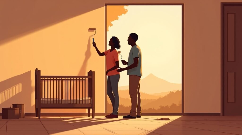 Deux parents africains repeignent joyeusement la chambre de leur futur bébé, dans une pièce lumineuse et moderne, avec un berceau en bois sculpté aux détails traditionnels.