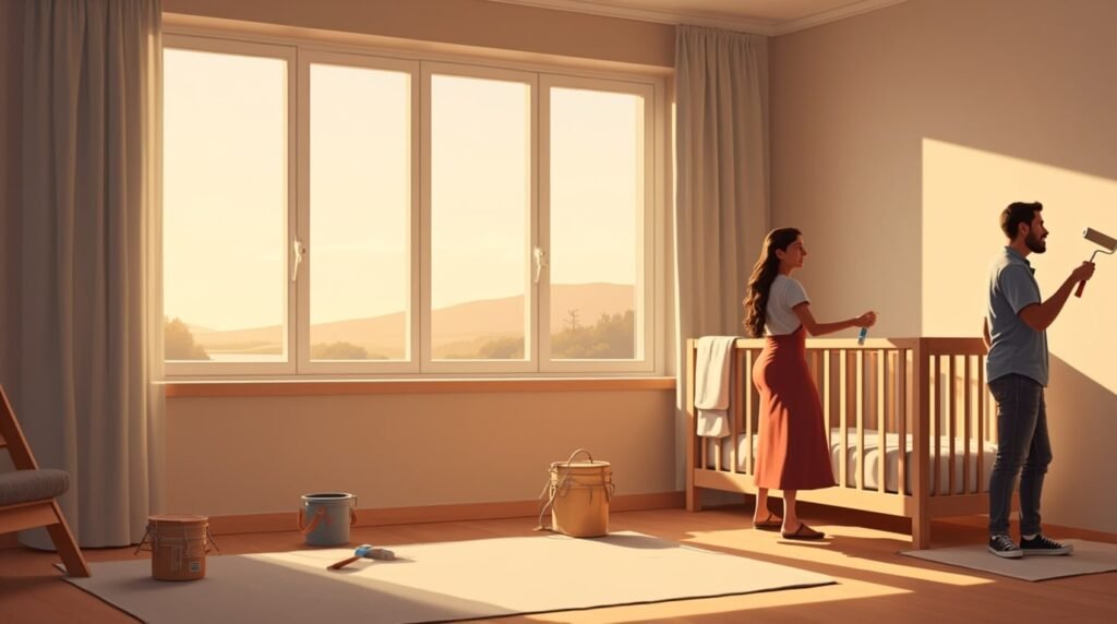 Deux parents basques repeignent joyeusement la chambre de leur futur bébé, dans une pièce lumineuse au design moderne, avec un berceau en bois sculpté aux détails basques.