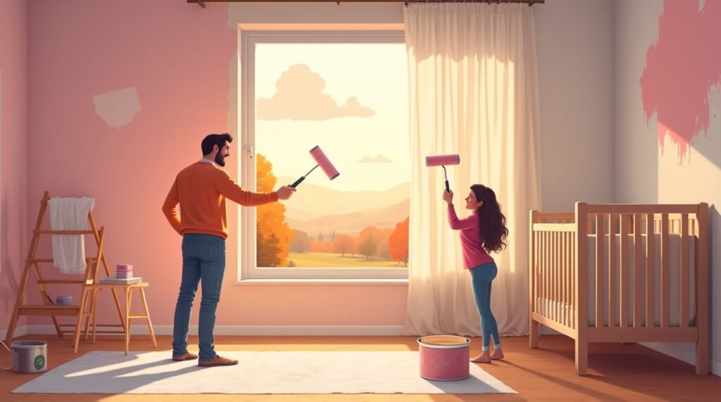 Deux parents autrichiens repeignent joyeusement la chambre de leur futur bébé, dans une pièce lumineuse au design épuré, avec un berceau en bois sculpté aux détails élégants.