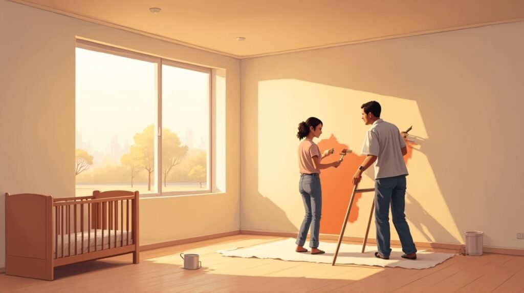 Deux parents chinois repeignent joyeusement la chambre de leur futur bébé, dans une pièce lumineuse et épurée, avec un berceau en bois sculpté aux motifs délicats.