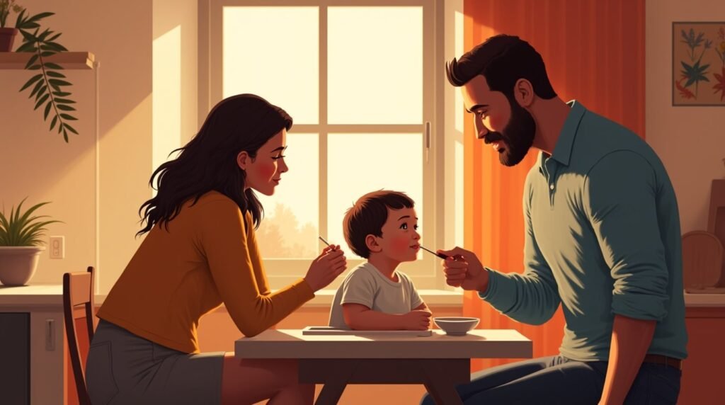 Dans une cuisine basque moderne, un couple nourrit tendrement leur bébé, dans une ambiance chaleureuse, entourée de pintxos et de lumière tamisée.