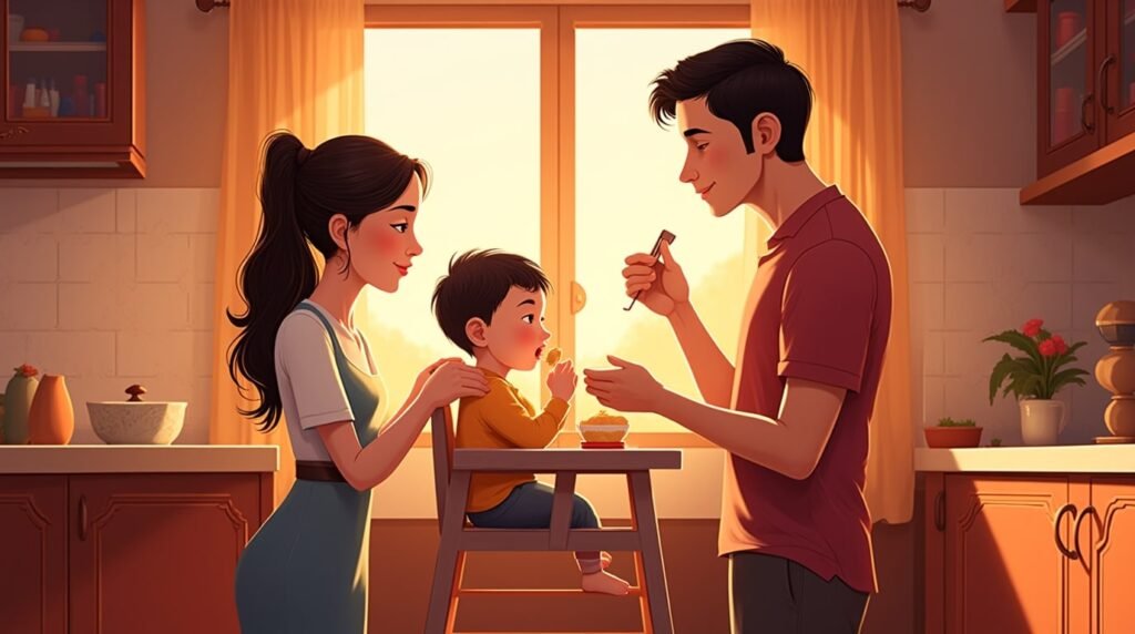 Dans une cuisine moderne vietnamienne, un couple nourrit tendrement leur bébé, dans une ambiance chaleureuse, entourée de plats typiques comme le pho et le banh xeo, sous une lumière tamisée.