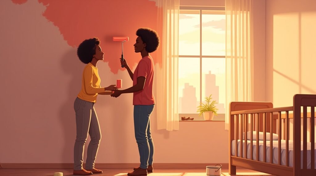 Deux parents afro-américains décorent joyeusement la chambre de leur futur bébé, dans une pièce moderne et lumineuse, avec un berceau en bois sculpté et des touches d’art traditionnel.