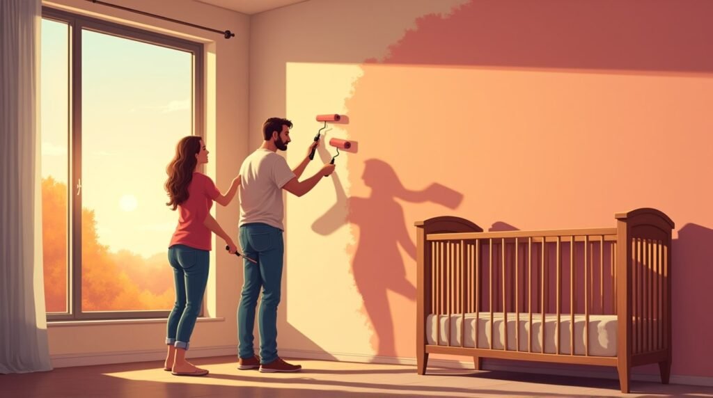 Deux parents américains décorent joyeusement la chambre de leur futur bébé, dans une pièce lumineuse et moderne, avec un berceau en bois sculpté, orné de détails traditionnels américains.