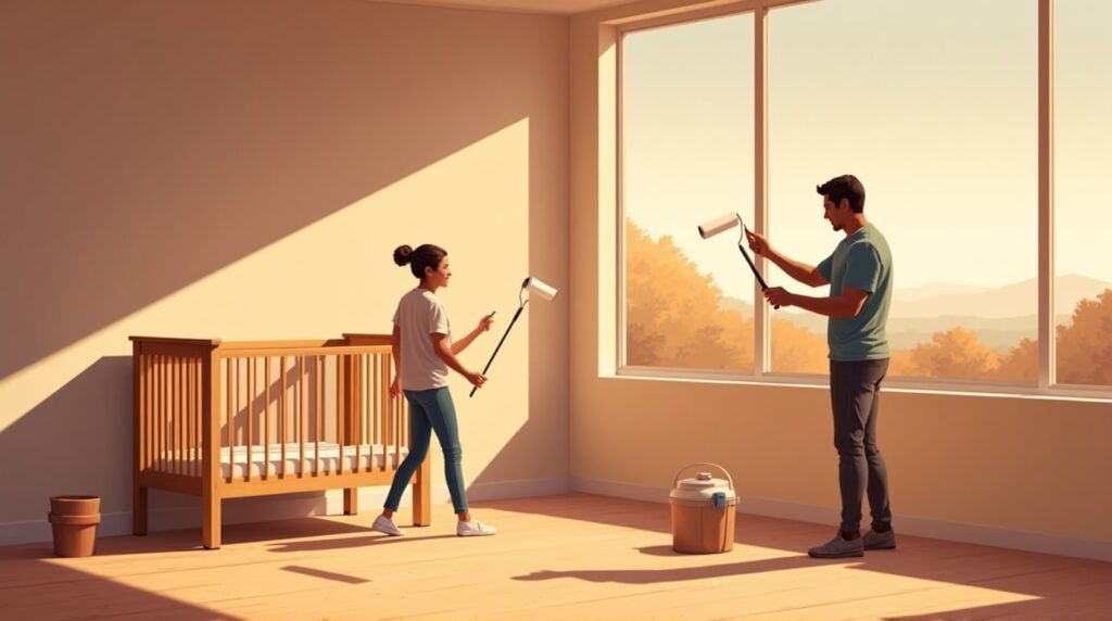 Deux parents colombiens repeignent joyeusement la chambre de leur futur bébé, dans une pièce lumineuse et chaleureuse, avec un berceau en bois sculpté aux détails fins.