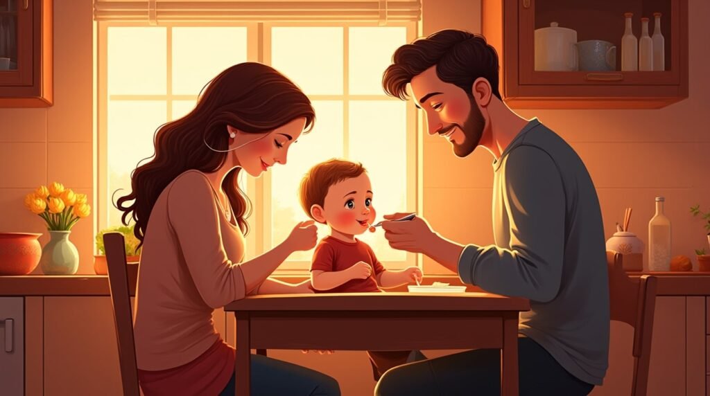 Dans une cuisine moderne irlandaise, un couple nourrit tendrement leur bébé, dans une ambiance chaleureuse, entourée de plats typiques comme le ragoût irlandais et le pain de soda, sous une lumière tamisée.