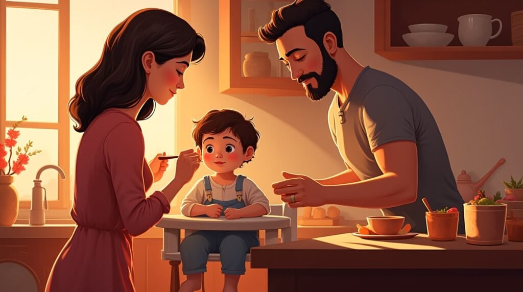 Dans une cuisine moderne turque, un couple nourrit tendrement leur bébé, dans une ambiance chaleureuse, entourée de plats typiques comme le kebab et les baklavas, sous une lumière tamisée.