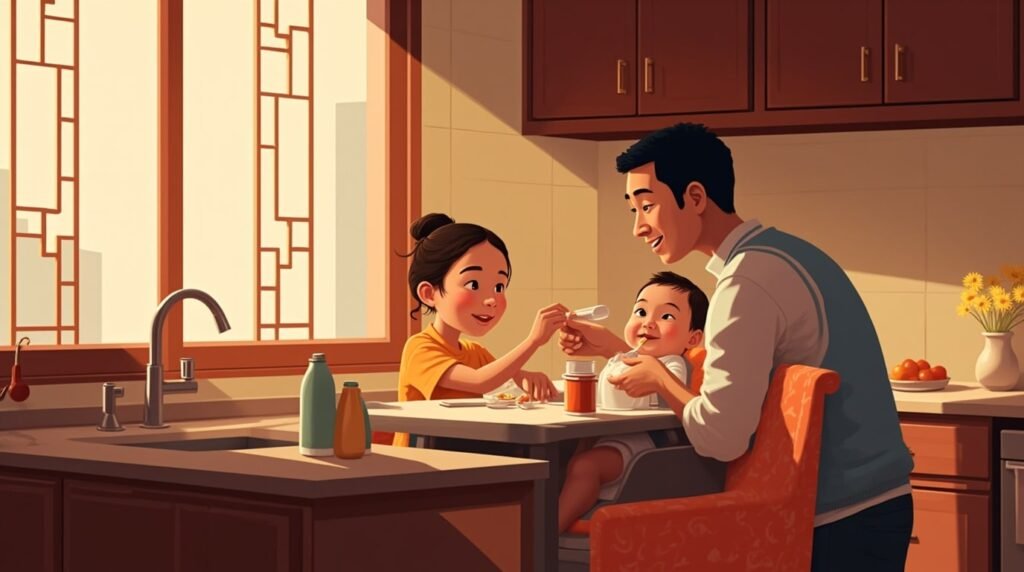 Dans une cuisine chinoise moderne, un couple nourrit tendrement leur bébé, dans une ambiance chaleureuse, entourée de plats typiques et de lumière tamisée.
