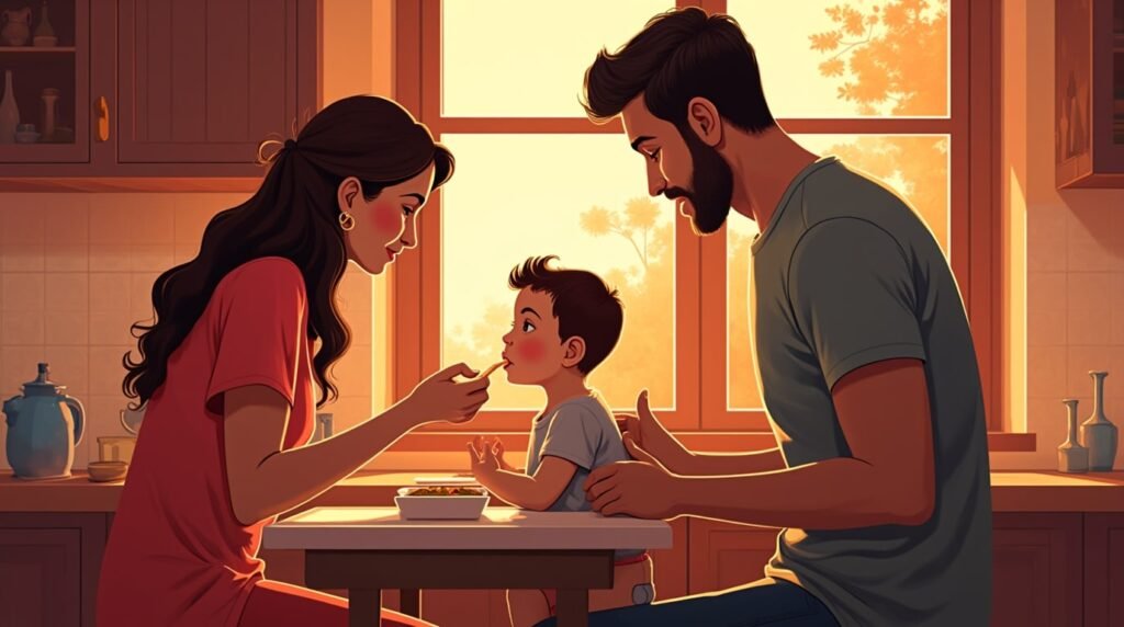 Dans une cuisine algérienne moderne, un couple nourrit tendrement leur bébé, dans une ambiance conviviale, entourée de plats typiques comme le couscous et la chorba, avec une lumière tamisée.