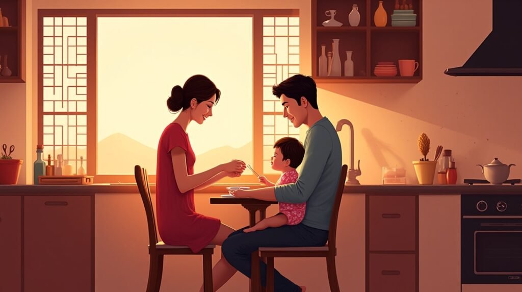 Dans une cuisine coréenne moderne, un couple nourrit tendrement leur bébé, dans une ambiance chaleureuse, entourée de plats traditionnels et de lumières tamisées.