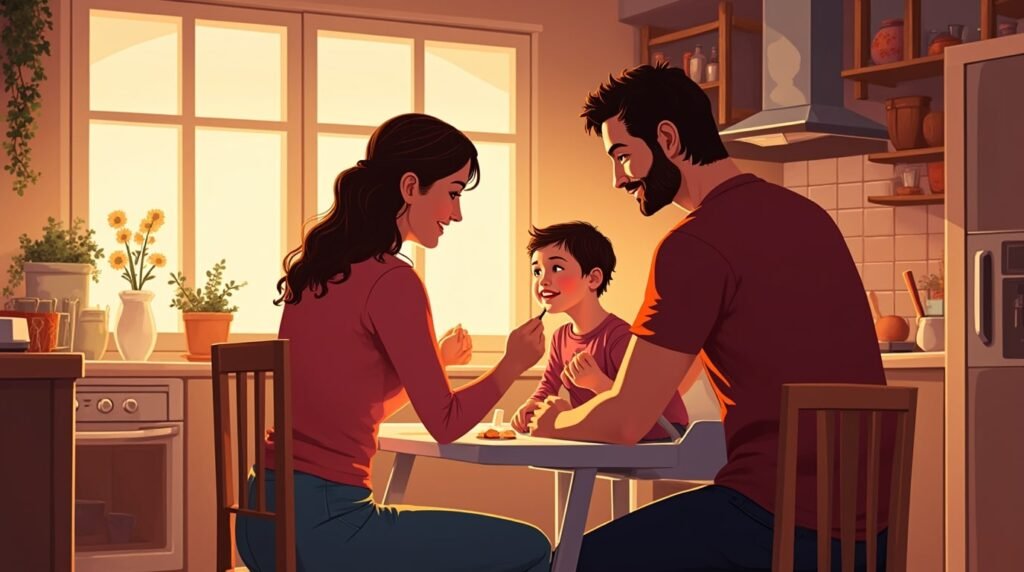 Dans une cuisine argentine moderne, un couple nourrit tendrement leur bébé, dans une ambiance conviviale, entourée de plats typiques comme l'asado et de lumière tamisée.