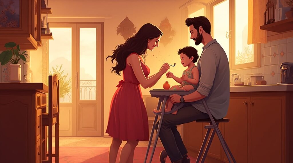Dans une cuisine moderne italienne, un couple nourrit tendrement leur bébé, dans une ambiance chaleureuse, entourée de plats typiques comme les pâtes fraîches et la pizza, sous une lumière tamisée.