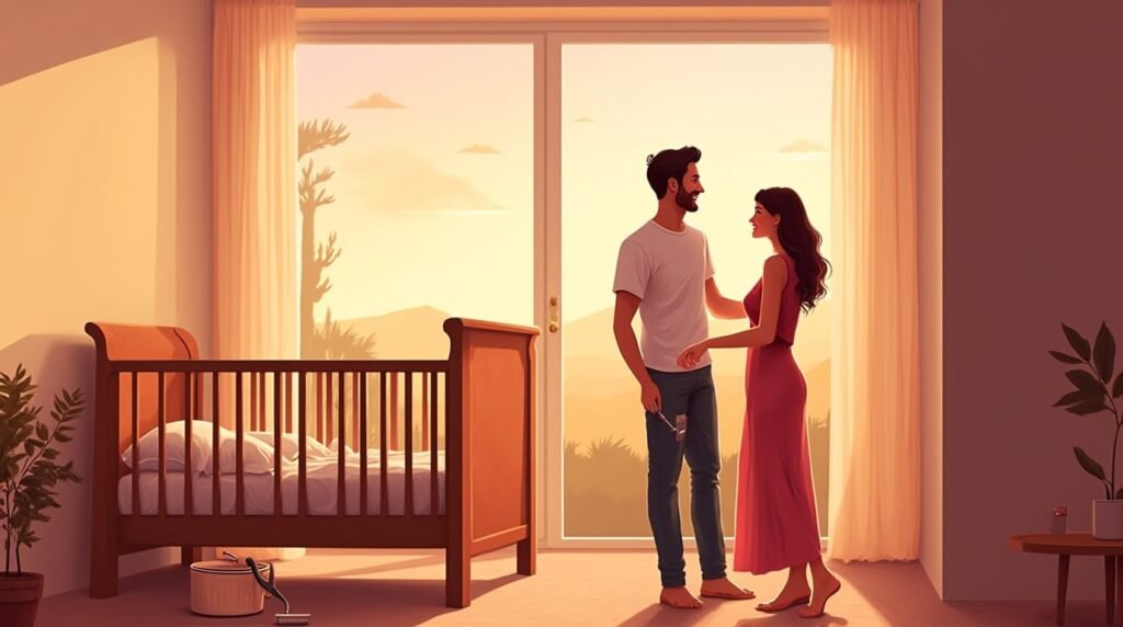 Deux parents espagnols décorent joyeusement la chambre de leur futur bébé, dans une pièce moderne et lumineuse, avec un berceau en bois sculpté orné de détails traditionnels espagnols.
