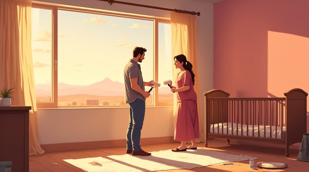 Deux parents arméniens repeignent joyeusement la chambre de leur futur bébé, dans une pièce lumineuse au design épuré, avec un berceau en bois sculpté aux détails raffinés.