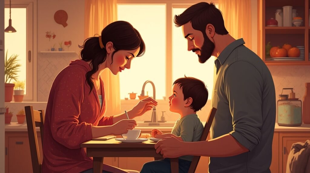 Dans une cuisine moderne américaine, un couple nourrit tendrement leur bébé, dans une ambiance accueillante, entourée de plats typiques comme un "roast beef" et baignée dans une lumière douce.