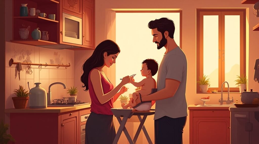 Dans une cuisine moderne portugaise, un couple nourrit tendrement leur bébé, dans une ambiance conviviale, entourée de plats typiques comme la morue et les pastéis de nata, sous une lumière tamisée.