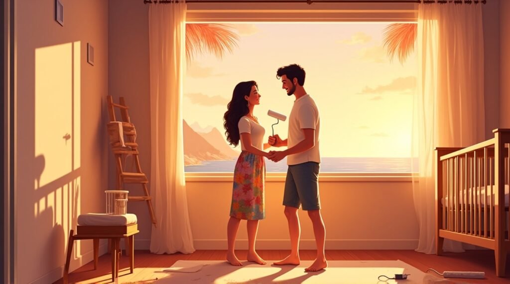 Deux parents tahitiens décorent joyeusement la chambre de leur futur bébé, dans une pièce moderne et lumineuse, avec un berceau en bois sculpté orné de motifs traditionnels tahitiens.