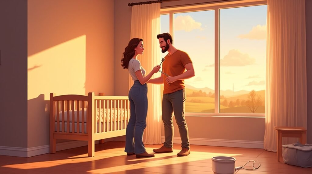 Deux parents irlandais décorent joyeusement la chambre de leur futur bébé, dans une pièce moderne et lumineuse, avec un berceau en bois sculpté orné de détails traditionnels irlandais.