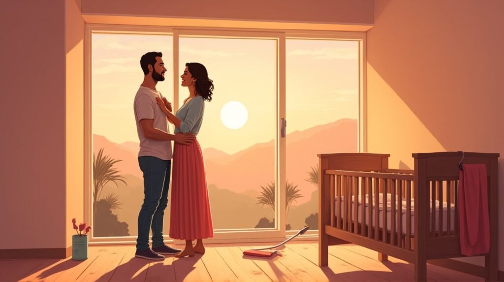 Deux parents algériens repeignent joyeusement la chambre de leur futur bébé, dans une pièce lumineuse et moderne, avec un berceau en bois sculpté aux détails raffinés.